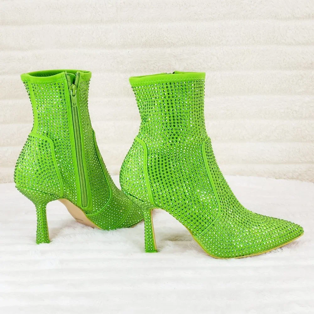 Stunning Bright Green Stretch Rhinestone Ankle Boots 3.5" Kitten Heels_2